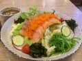 Salmon Salad. Fresh vegetables. Seaweed. Royalty Free Stock Photo