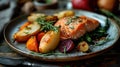 salmon, vegetables and pears on a plate