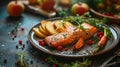 salmon, vegetables and pears on a plate