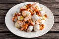 Salmon and young potato warm salad with a lemony yogurt dressing Royalty Free Stock Photo