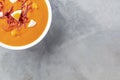 Salmorejo, Spanish cold tomato soup, close-up overhead shot Royalty Free Stock Photo