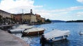 SALO, ITALY - MAY 15, 2017: Garda lake front Lungolago Zanardelli with boats moored, Salo, Italy Royalty Free Stock Photo