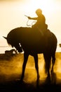 Salobrena, Granada, Spain - 10/06/2019: Young boy on horse at Romeria fiesta on beach