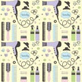 Salon beauty care seamless pattern. Colored hand drawn set of hair styling. Hair dryer, hairbrushes, sprays, scrunchy