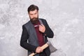 Salon care for every skin need. Bearded man hold sharp axe and razor. Skin care routine. Skincare. Male grooming Royalty Free Stock Photo