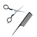 Salon hair accessories set. Metal hair cut scissors and black plastic styling comb with handle.