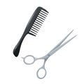 Salon hair accessories set. Metal hair cut scissors and black plastic styling comb with handle.