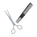 Salon hair accessories set. Metal hair cut scissors and black plastic styling comb with special long teeth. Royalty Free Stock Photo