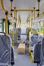 Salon of trolleybus in original packaging with box of spare parts Royalty Free Stock Photo