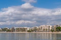 Salou seafront buildings at Platja de Ponent with beach sea and palm trees Costa Dorada Catalonia Spain