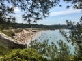 Salou, Spain, June 2019 - A herd of sheep standing on top of a river Royalty Free Stock Photo