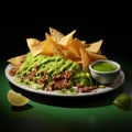 Hyper-realistic Rendering Of Guacamole Covered Plate With Taco And Chips