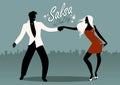 Salsa in the City. Silhouettes of young couple dancing latin music