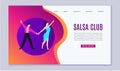 Salsa dancers club or dance school vector web template illustration. Dancing salsa couple in cartoon style for dance