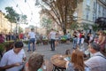 Salsa dancers in outdoor cafe near Diana fountain at Market square in Lviv