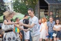 Salsa dancers in outdoor cafe near Diana fountain at Market square in Lviv