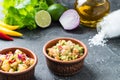 Salsa and guacamole dips with ingredients. Mexican cuisine concept