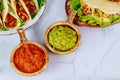 Salsa and guacamole with mexican corn tortillas Royalty Free Stock Photo