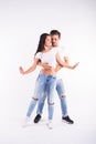 Salsa, kizomba and bachata dancers on white background. Social dance concept