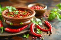 Salsa made from fresh tomatoes, peppers, onions and cilantro with garlic in clay bowl on gray background. Traditional Royalty Free Stock Photo