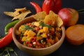 Salsa with mango, herbs, onions and peppers, corn chips close up in a bowl. Royalty Free Stock Photo