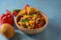 Salsa with mango, herbs, onions and peppers, corn chips close up in a bowl. Royalty Free Stock Photo