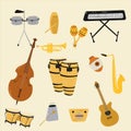 Salsa music musical instruments. Double bass, congas, bongos, guitar, cuban tres, clave, Botijuela, maracas, piano