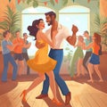 Salsa party, latino dancer illustration. Cuban couple of happy woman and man. Social salseros: flat style