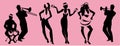 Salsa Party Time. Group of three girls dancing latin music and three musician playing bongos, trumpet and trombone