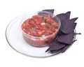 Salsa pico de gallo and blue corn tortilla chips Royalty Free Stock Photo