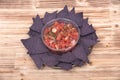 Salsa pico de gallo and blue corn tortilla chips Royalty Free Stock Photo