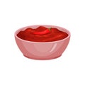 Salsa with red-hot chili pepper in ceramic dip bowl. Traditional piquant sauce of Mexican cuisine. Thick spicy liquid