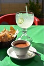 Salsa, tortilla chips, lemonade tabletop restaurant, Baja, Mexico Royalty Free Stock Photo