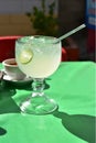 Salsa, tortilla chips, lemonade tabletop restaurant, Baja, Mexico Royalty Free Stock Photo