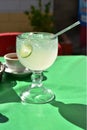 Salsa, tortilla chips, lemonade tabletop restaurant, Baja, Mexico Royalty Free Stock Photo