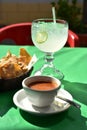 Salsa, tortilla chips, lemonade tabletop restaurant, Baja, Mexico Royalty Free Stock Photo