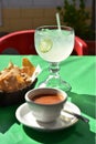 Salsa, tortilla chips, lemonade tabletop restaurant, Baja, Mexico Royalty Free Stock Photo