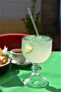 Salsa, tortilla chips, lemonade tabletop restaurant, Baja, Mexico Royalty Free Stock Photo