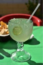 Salsa, tortilla chips, lemonade tabletop restaurant, Baja, Mexico Royalty Free Stock Photo