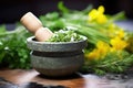 salsa verde in a mortar with pestle, herbs around