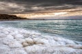 Salt beach of the Dead Sea at sunset, Jordan Royalty Free Stock Photo