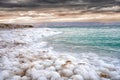 Salt beach of the Dead Sea at sunset, Jordan Royalty Free Stock Photo