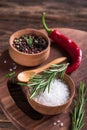 Salt, black seed pepper, branch of rosemary, red hot chili Royalty Free Stock Photo
