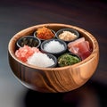 Salt bowl with various flavored salts and spices.