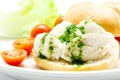 Salt cod brandade with parsley sauce on bread Royalty Free Stock Photo