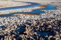 Salt crust in the shore of Chaxa lagoon in the middle of the Salar de Atacama Atacama Salt Lake, Soncor, Atacama desert Royalty Free Stock Photo