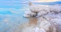 Salt crystal formations on shore of Dead Sea, calm clear water surface near, typical morning scenery at Ein Bokek beach, Israel Royalty Free Stock Photo