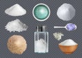 Salt for food. Kitchen preparing products ingredients decent vector realistic salt illustrations set