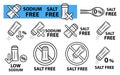 Salt free, low sodium sulfate, no salty natural diet food, glass spice shaker bottle line icon. Not added saline seasoning. Vector