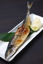 Salt-grilled saury on a dining table Royalty Free Stock Photo